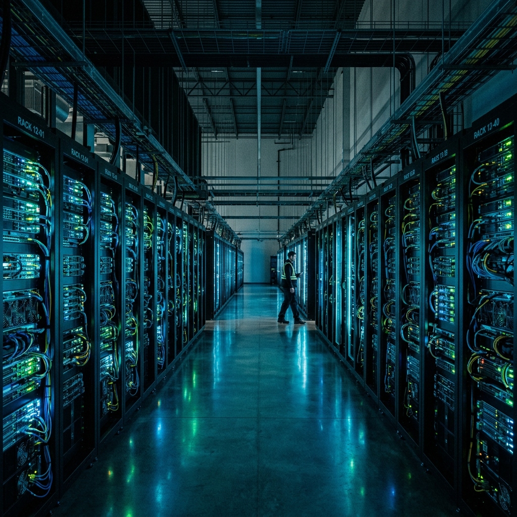Technician checking illuminated server racks in a data center aisle