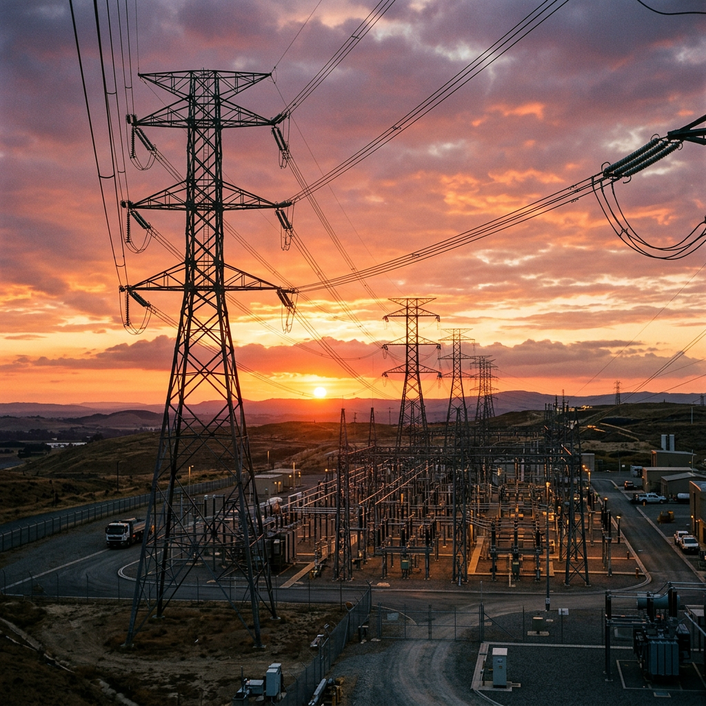 Electrical substation and high voltage towers during sunset with vibrant sky