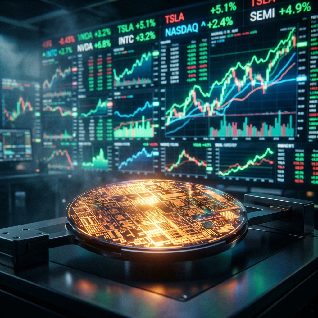 Glowing semiconductor chip with stock market charts displaying rising trends for TSLA, NVDA, INTC, and NASDAQ in the background