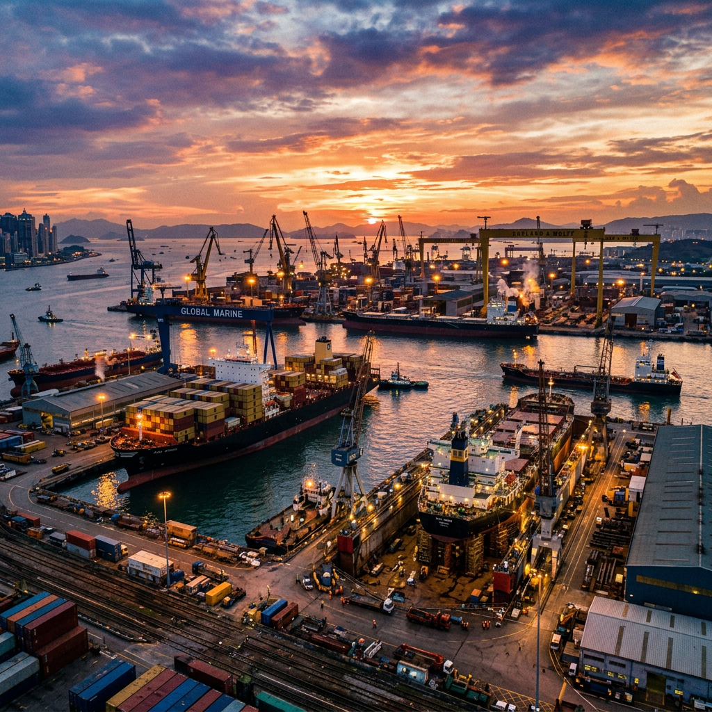 Cargo ships and cranes operating in a busy port during sunset