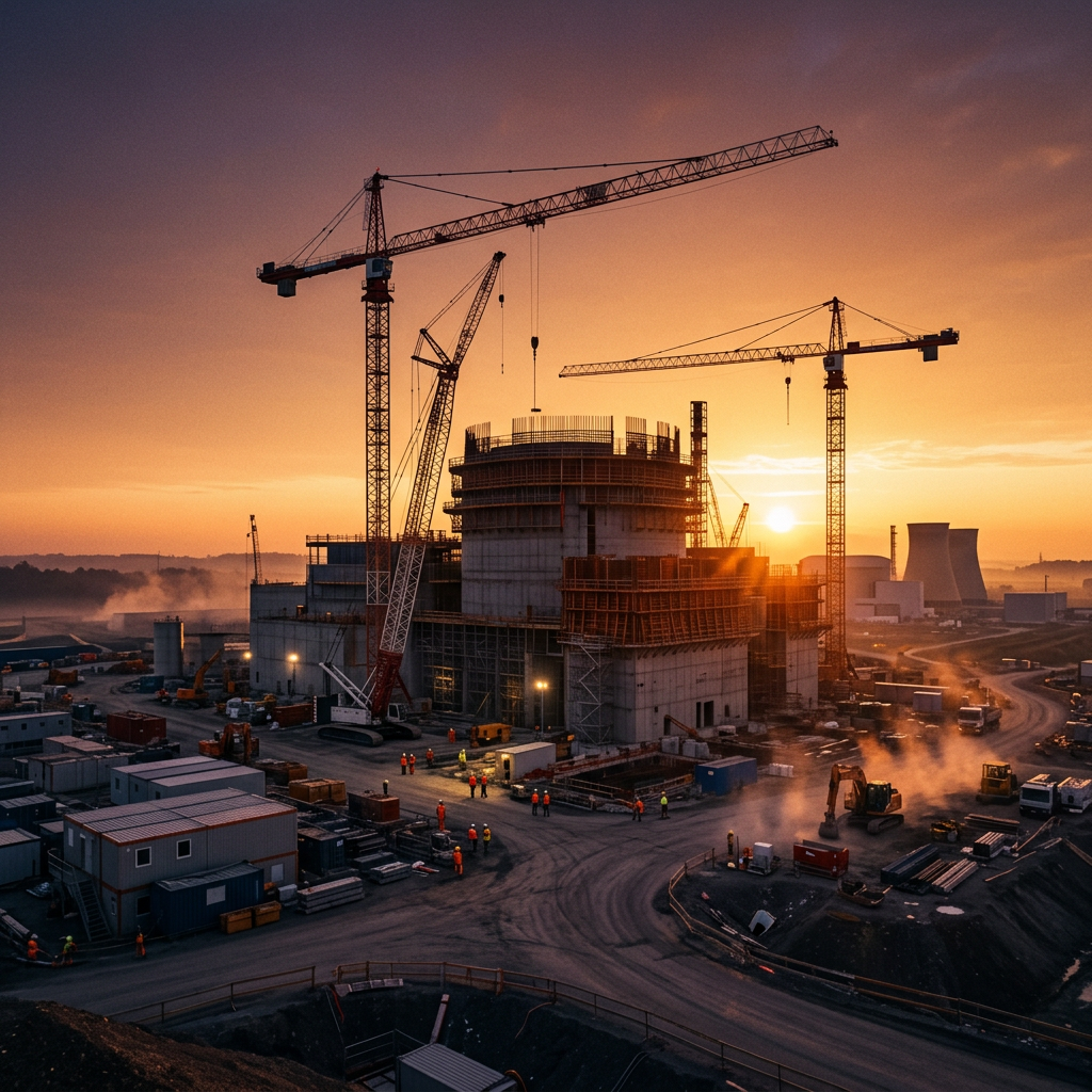 Industrial construction site with cranes, workers, and concrete structures at sunrise.