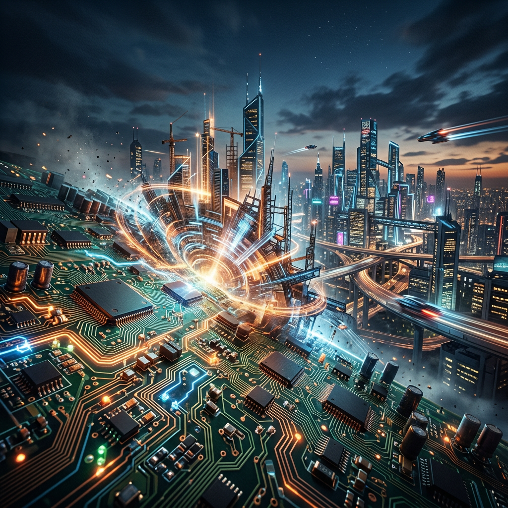 Futuristic cityscape emerging from a detailed electronic circuit board with glowing light effects