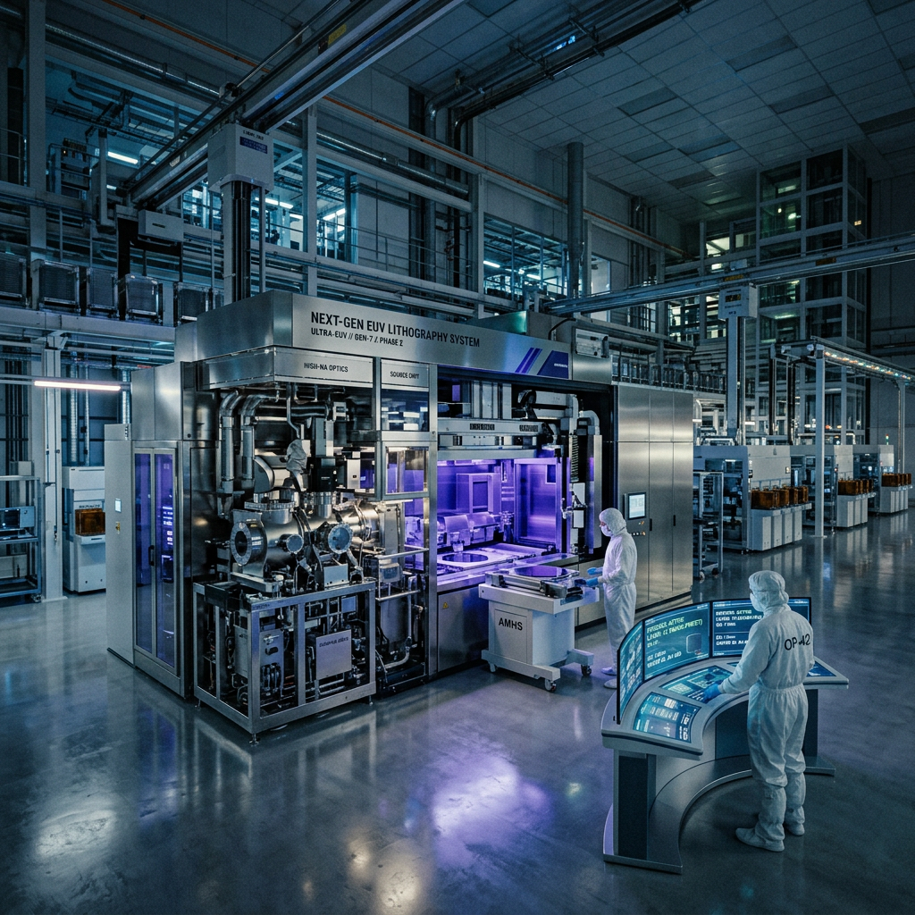 Two technicians in cleanroom suits working with a next-generation EUV lithography machine