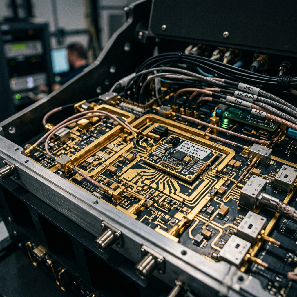 Circuit board labeled A65A TRX MODULE with multiple labeled cables connected to various ports