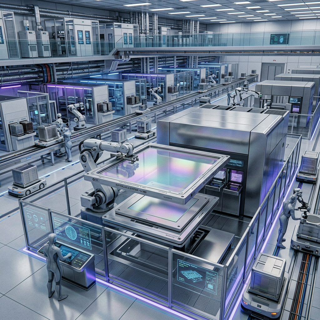 Robotic arms and autonomous machines assembling components in a futuristic factory