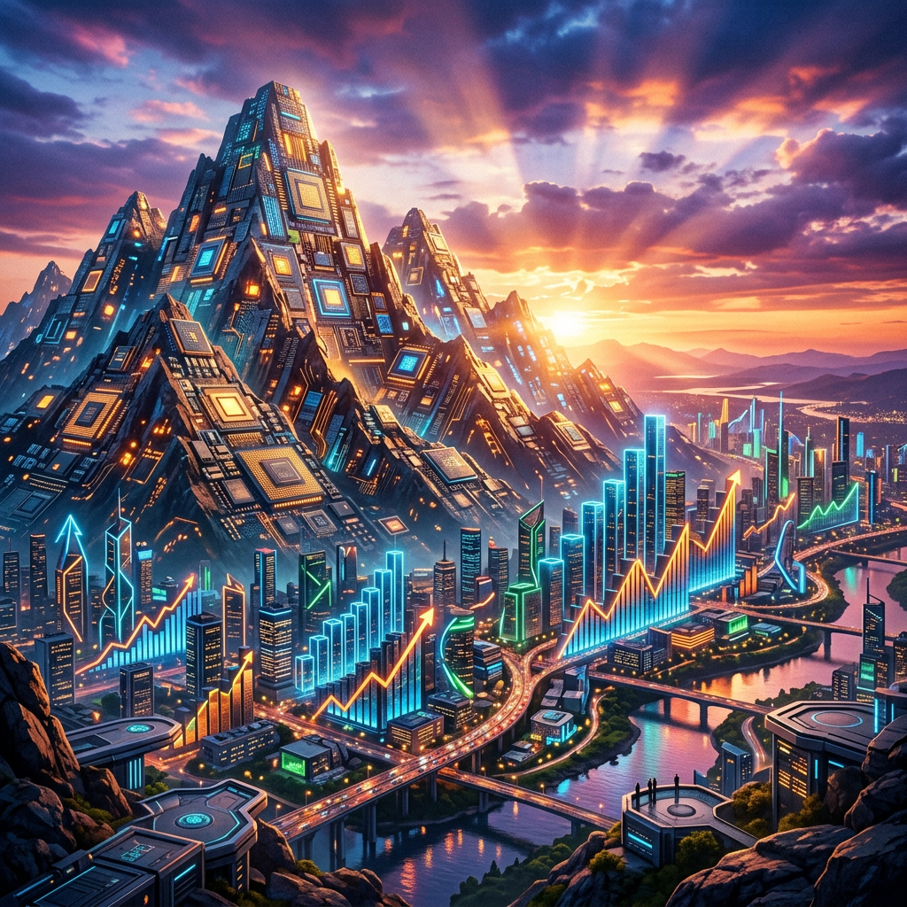 Futuristic city with mountains resembling circuit boards and glowing financial chart overlays