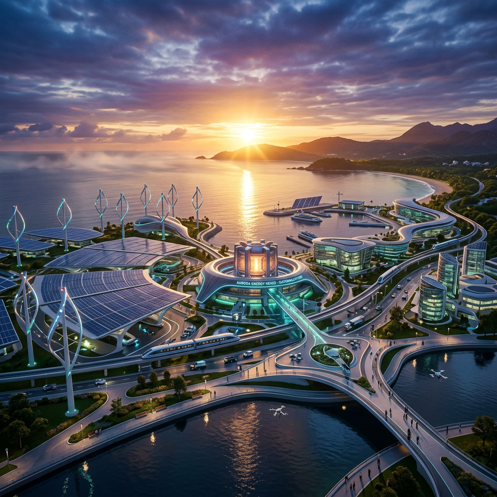 Futuristic coastal city with solar panels, wind turbines, and modern buildings at sunset