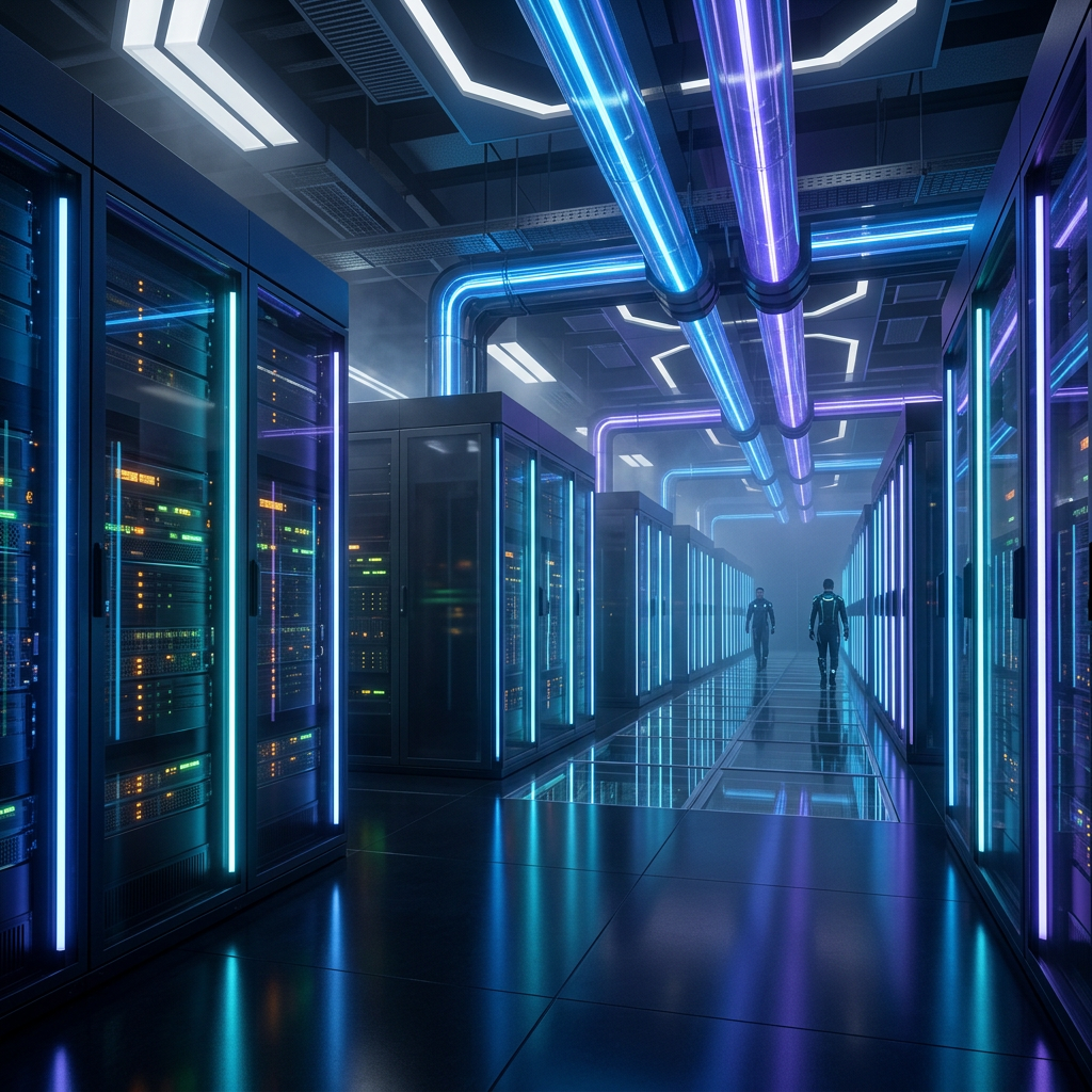 Two people walking down a corridor in a futuristic data center with neon-lit servers and ceiling pipes