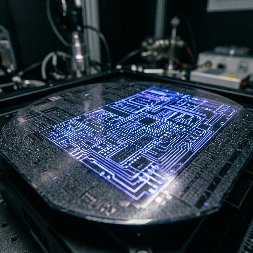 Close-up of a semiconductor wafer showing illuminated electronic circuit patterns