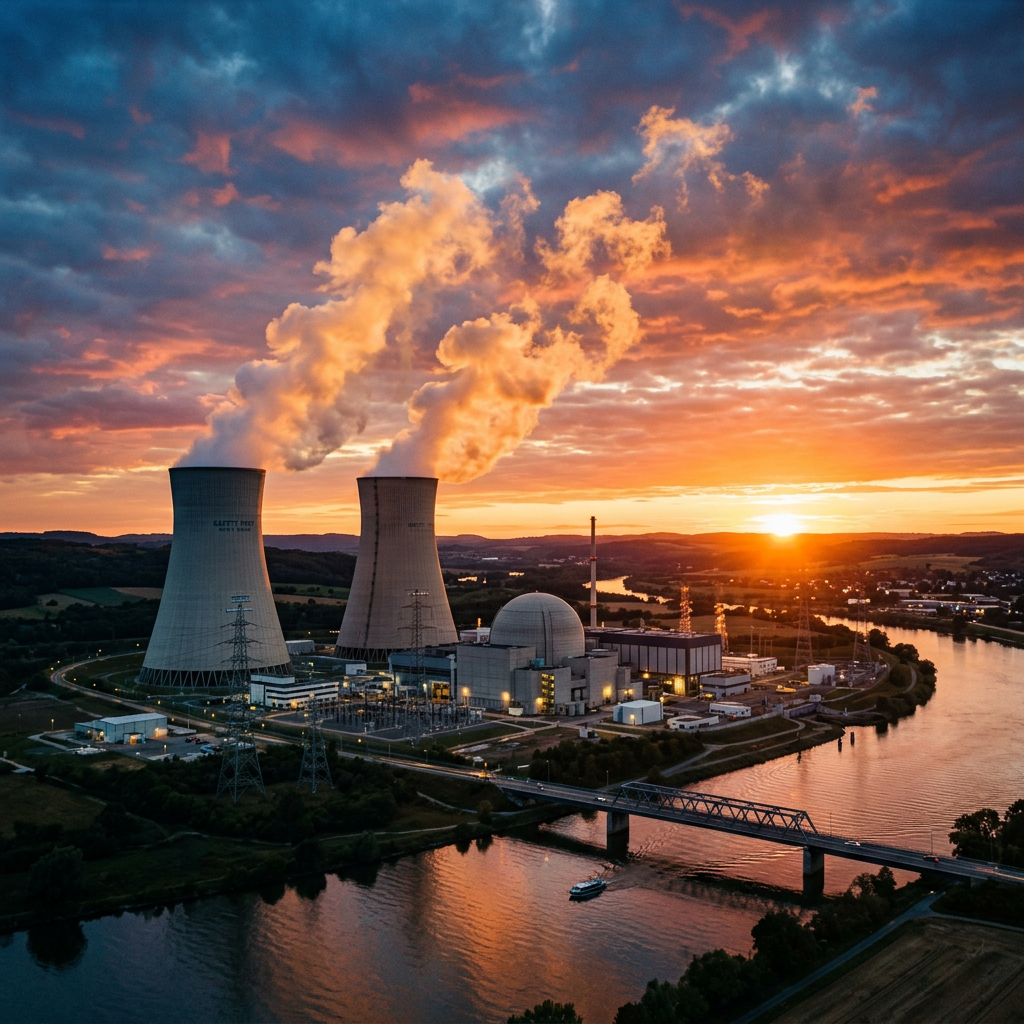 Nuclear power plant with cooling towers releasing steam at sunset by a river