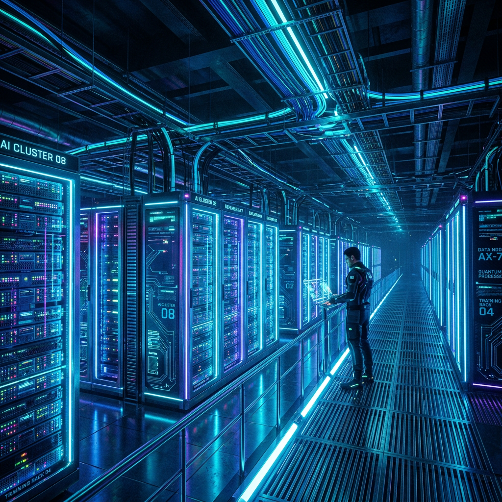 Technician working at a control station in a futuristic AI data center with illuminated server racks