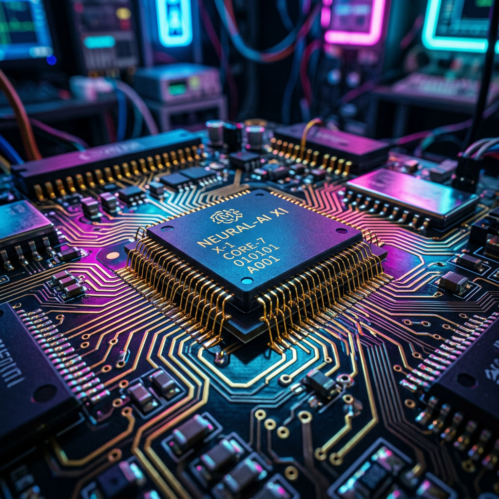 Neural AI processor chip labeled 'NEURAL-AI X1 X-1 CORE-7 010101 A001' on a circuit board