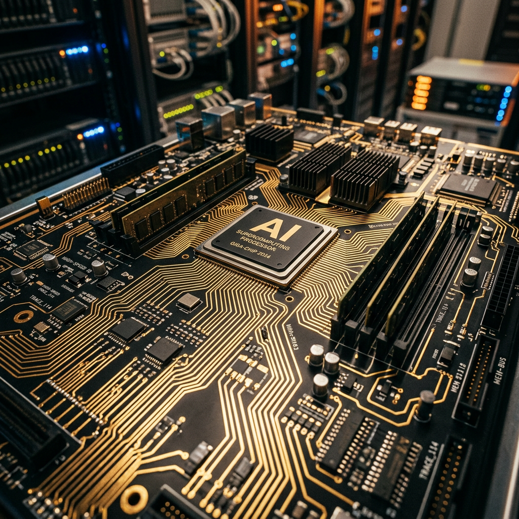 AI supercomputing processor chip on electronic circuit board with gold wiring