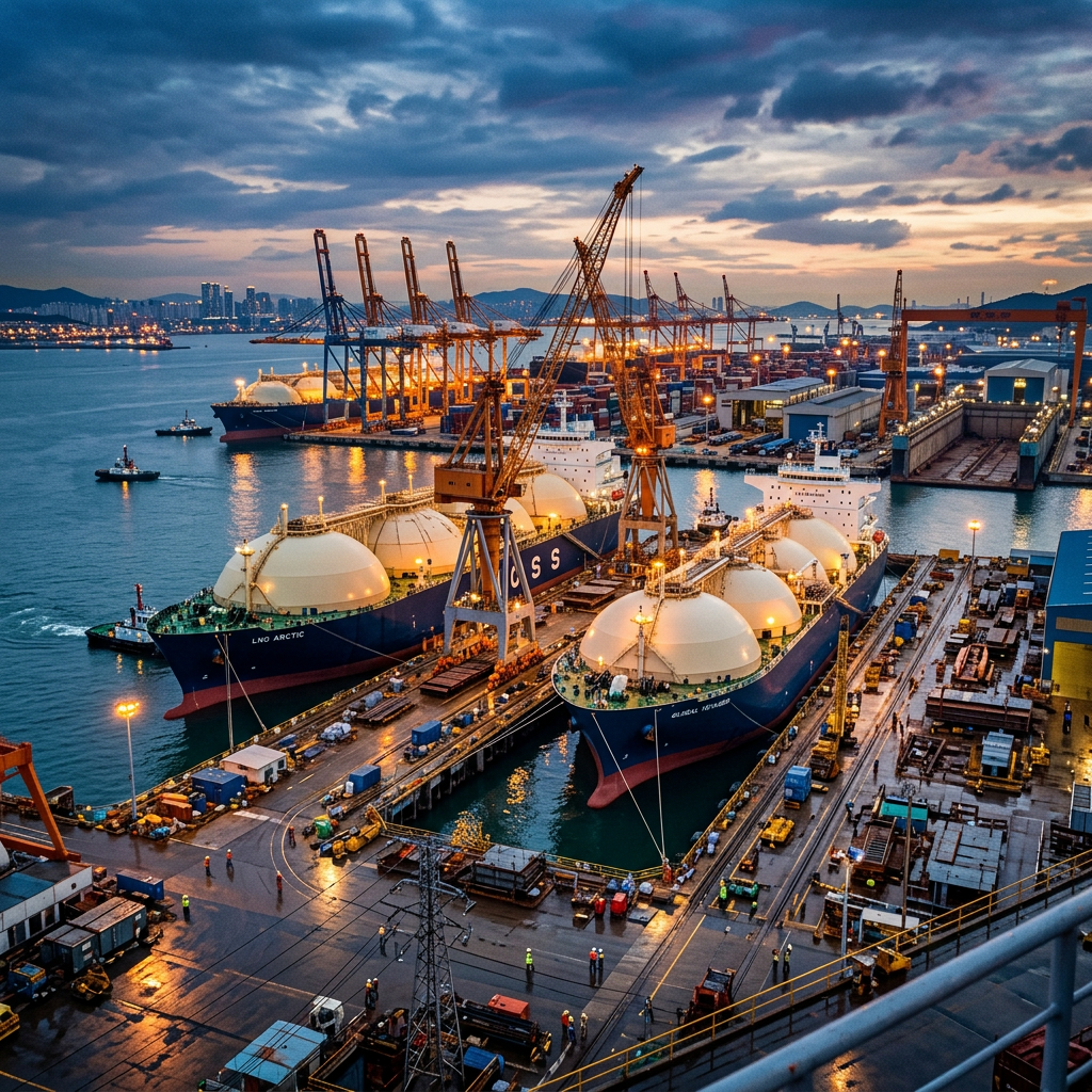 Two large LNG tankers docked at a busy port terminal with cranes and containers