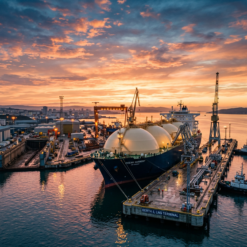 LNG ship Ocean Harmony docked at a terminal with large spherical tanks and industrial cranes at sunset