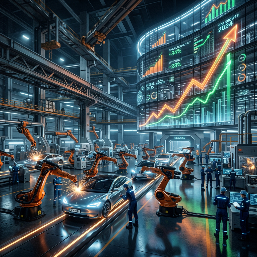 Electric vehicles being assembled by robotic arms in a modern factory with workers monitoring and large digital growth charts