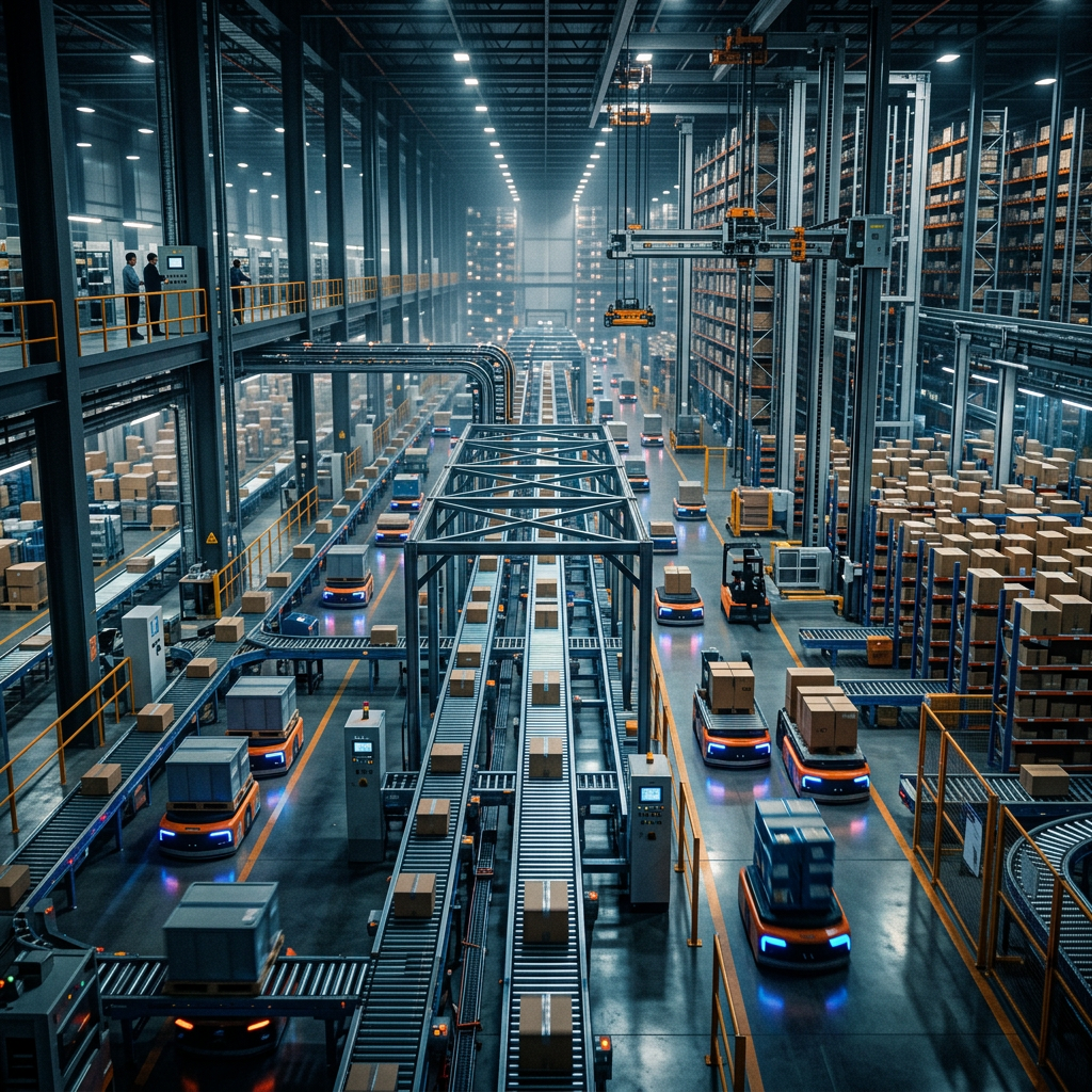 Automated warehouse with conveyor belts and robotic transport vehicles moving packages