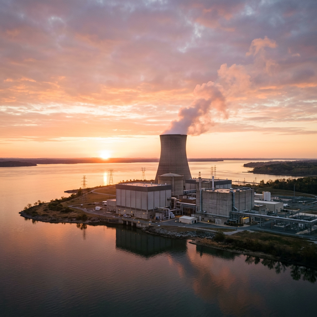 Nuclear power plant with cooling tower emitting steam near water at sunset