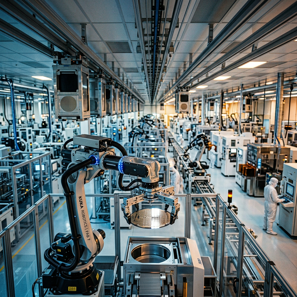 Robotic arm handling a silicon wafer in an electronics manufacturing cleanroom.
