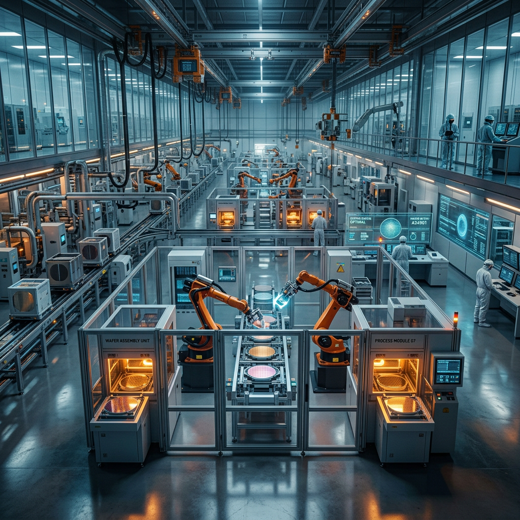 Robotic arms processing semiconductor wafers inside cleanroom manufacturing facility