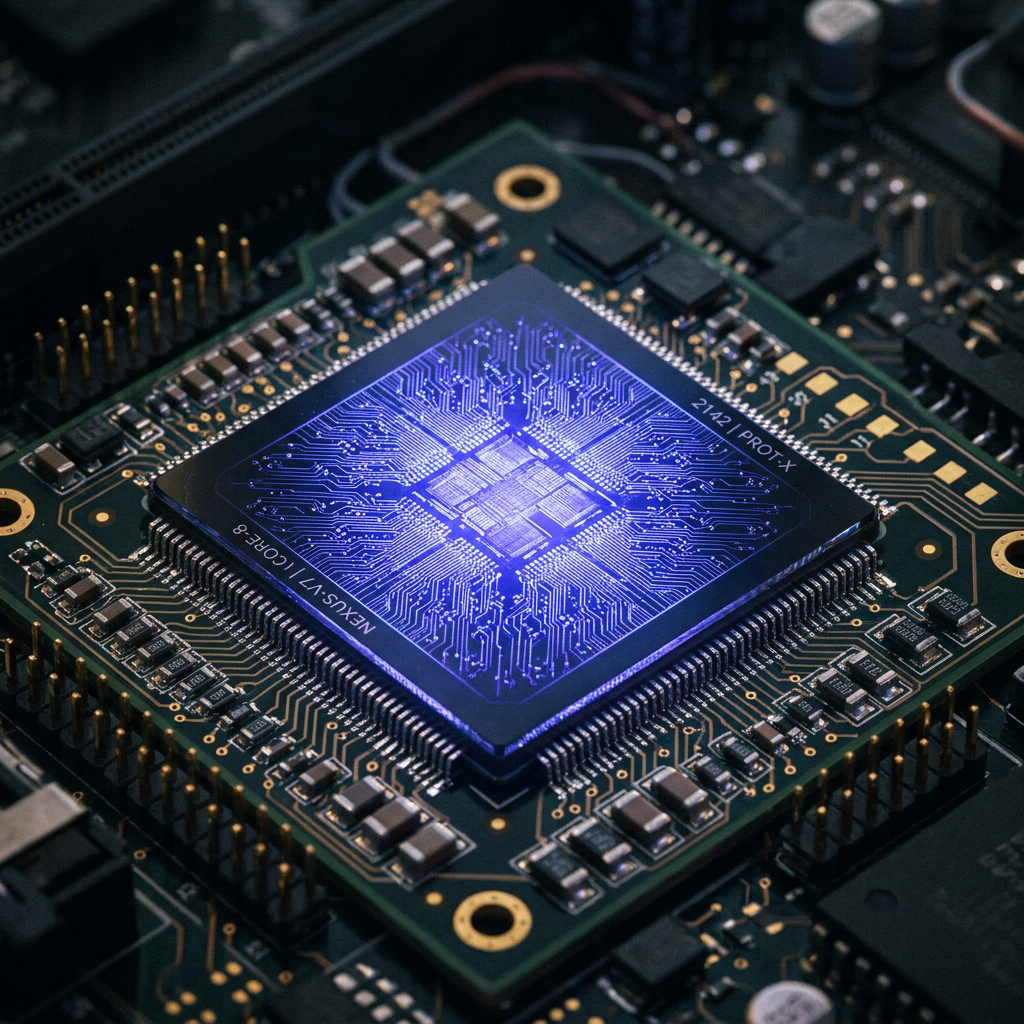 Close-up of a microchip with glowing blue circuit patterns on a circuit board