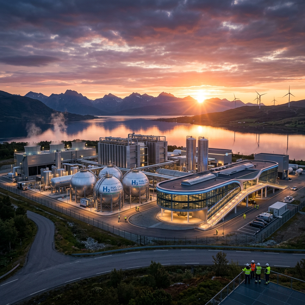 Hydrogen fuel production facility with spherical tanks and wind turbines at sunset