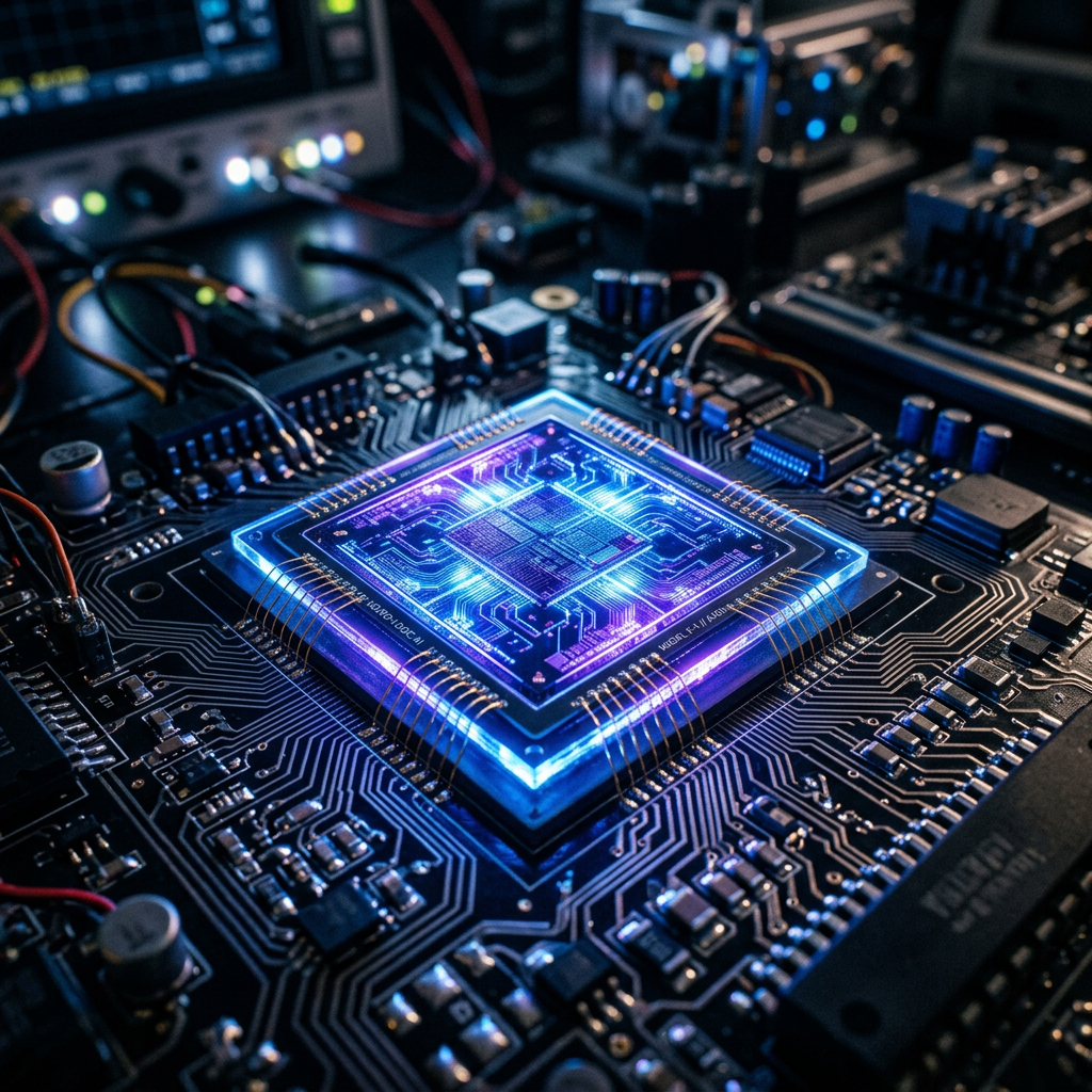 Microchip glowing with blue and purple light on electronic circuit board
