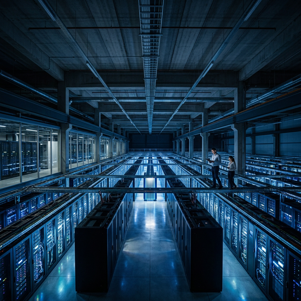 Two people standing on an overhead walkway inside a large data center surrounded by rows of server racks with blue lights