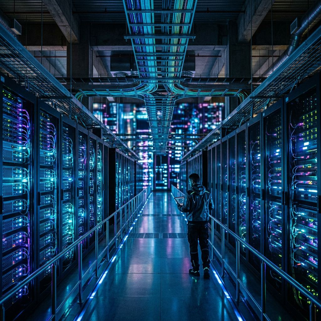 Technician holding tablet walking between rows of illuminated servers in data center