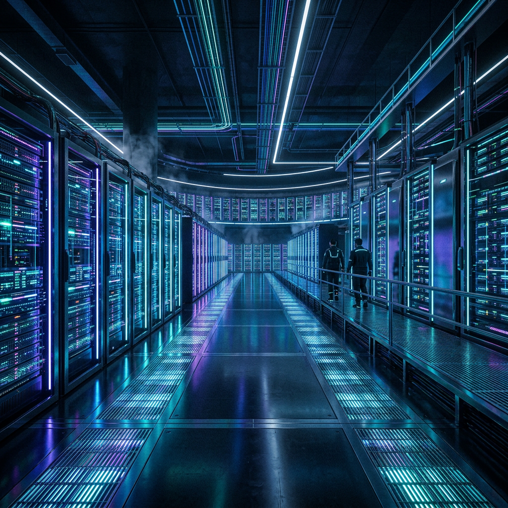 Corridor with illuminated server racks and two people walking