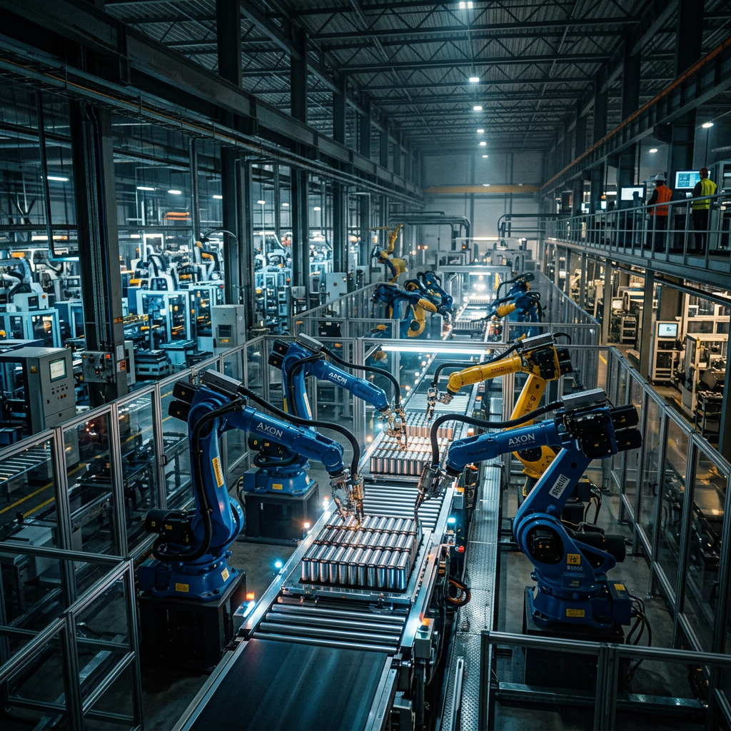 Robotic arms assembling products on conveyor belts in a factory