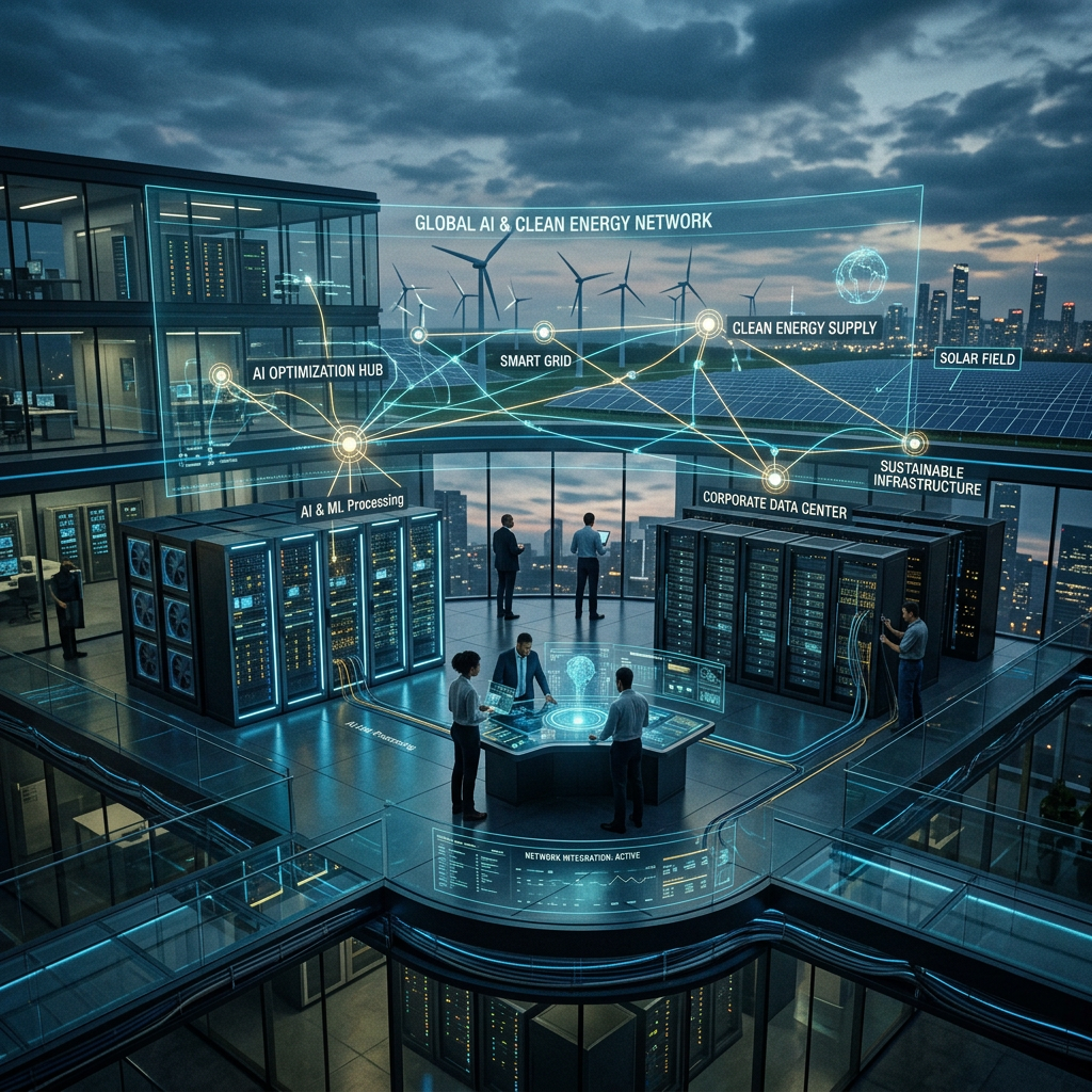 Control center with people managing AI and clean energy network featuring smart grid and data centers