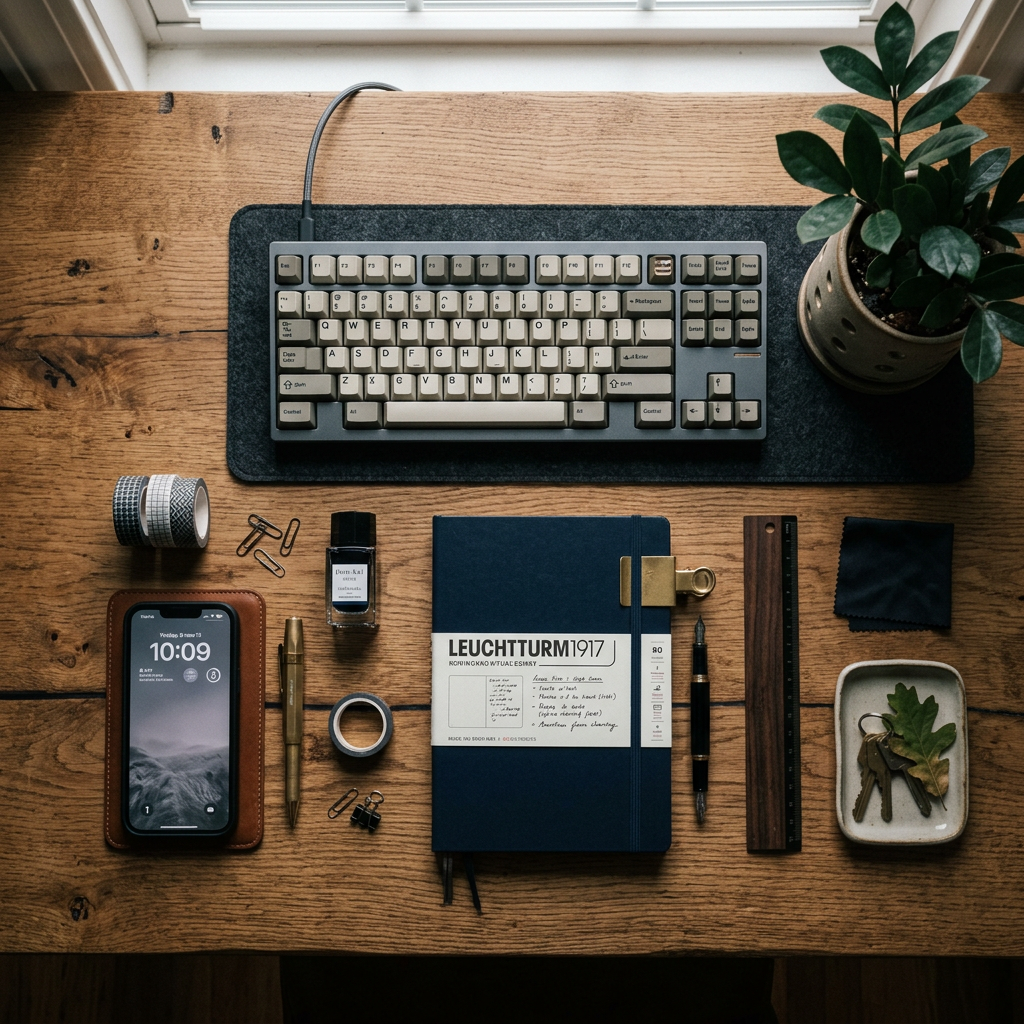 Neatly arranged desk with mechanical keyboard, blue Leuchtturm 1917 notebook, smartphone, ink bottle, pen, ruler, tape, paper clips, keys, and potted plant