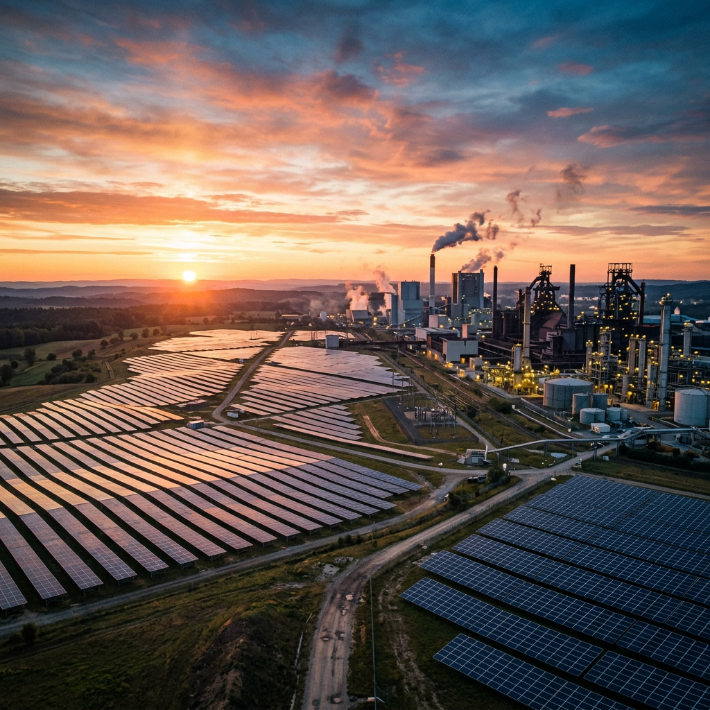 Solar panels in the foreground with a factory emitting smoke in the background during sunset