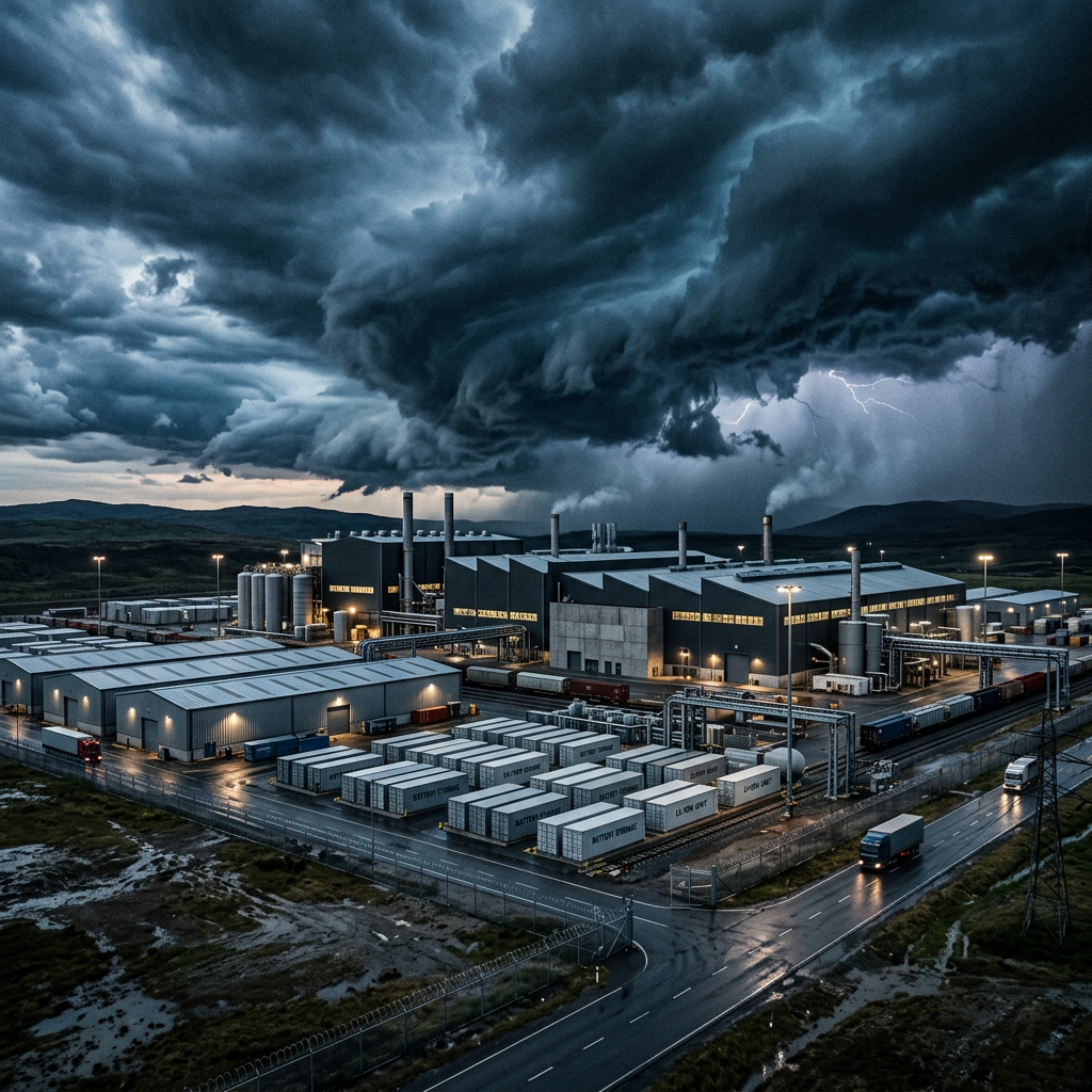 Industrial factory complex with warehouses and trucks under dark stormy clouds and lightning
