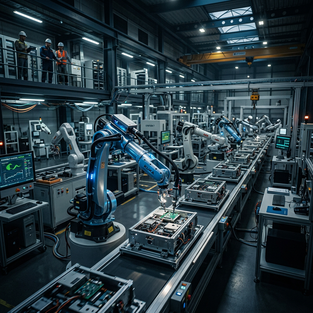 Robotic arms assembling electronic circuit boards on a production line