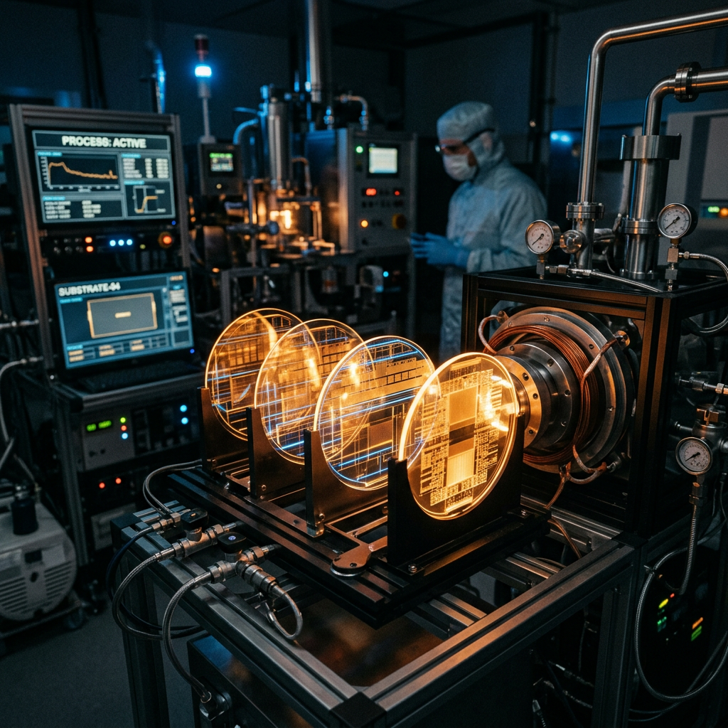 Illuminated semiconductor wafers on a testing apparatus in a cleanroom with a scientist in protective gear