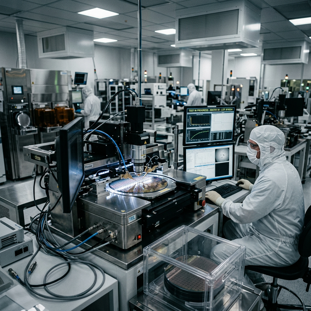 Technician in cleanroom suit testing semiconductor wafers with precision instruments