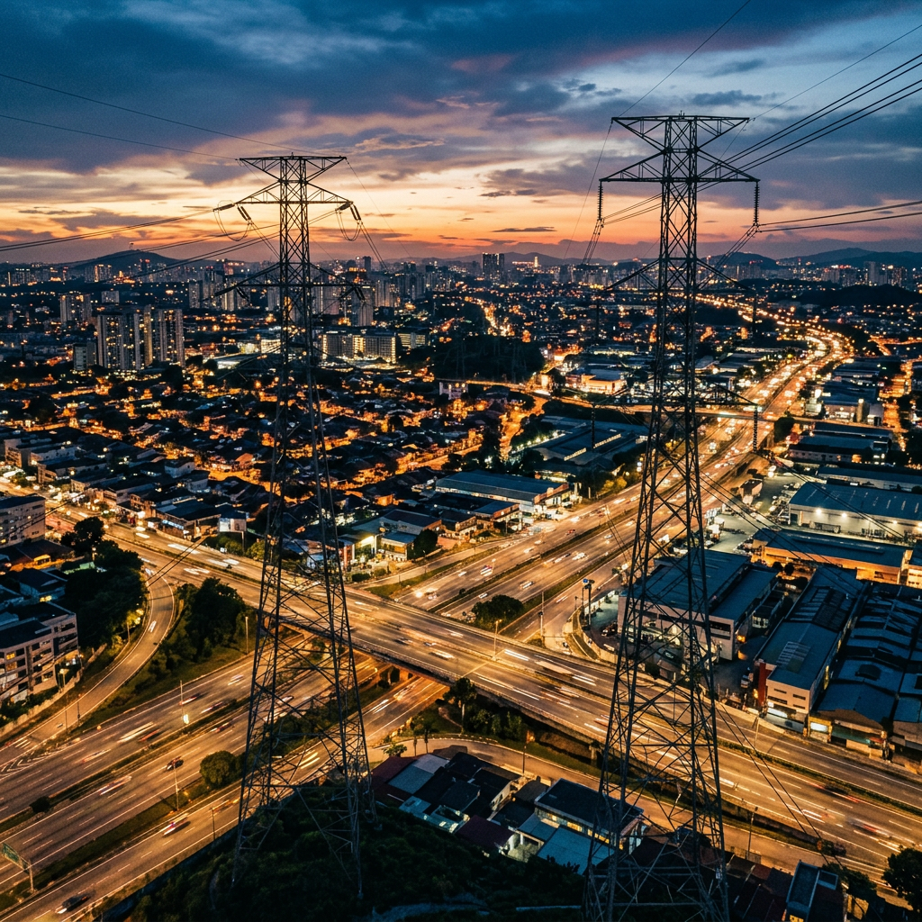 Cityscape at dusk with illuminated buildings and highways, featuring high-voltage power lines and towers