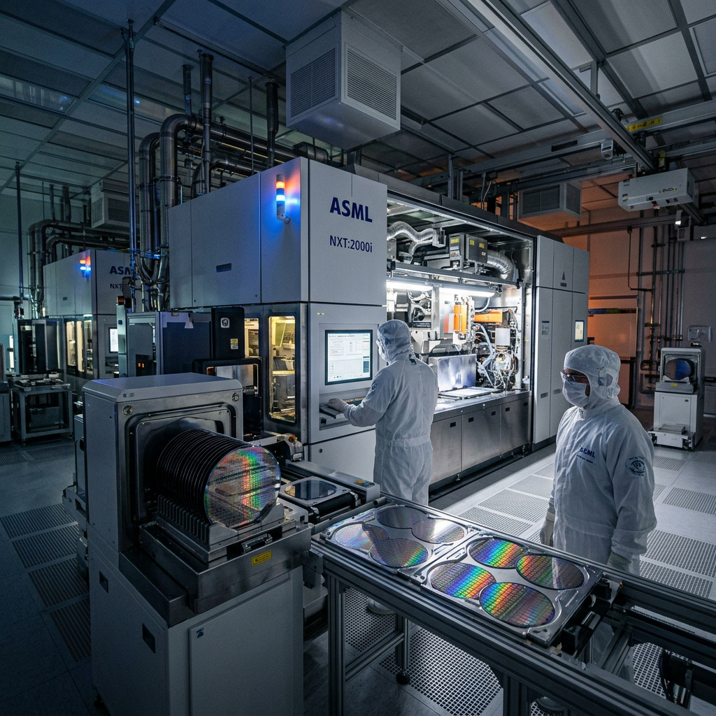 Technicians in cleanroom suits handling silicon wafers at ASML NXT:2000i lithography machine
