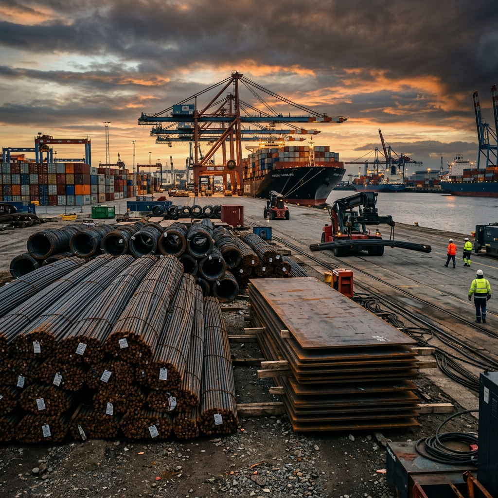 Steel rods and metal sheets stacked on the dock at a container port with cranes and cargo ships