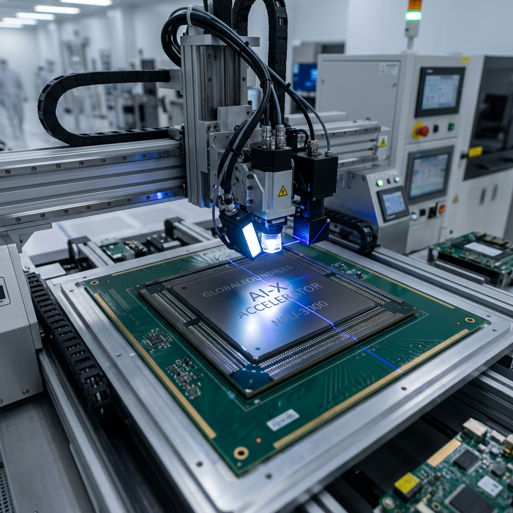 Robotic inspection system scanning AI-X Accelerator chip labeled NPU-3300 on circuit board