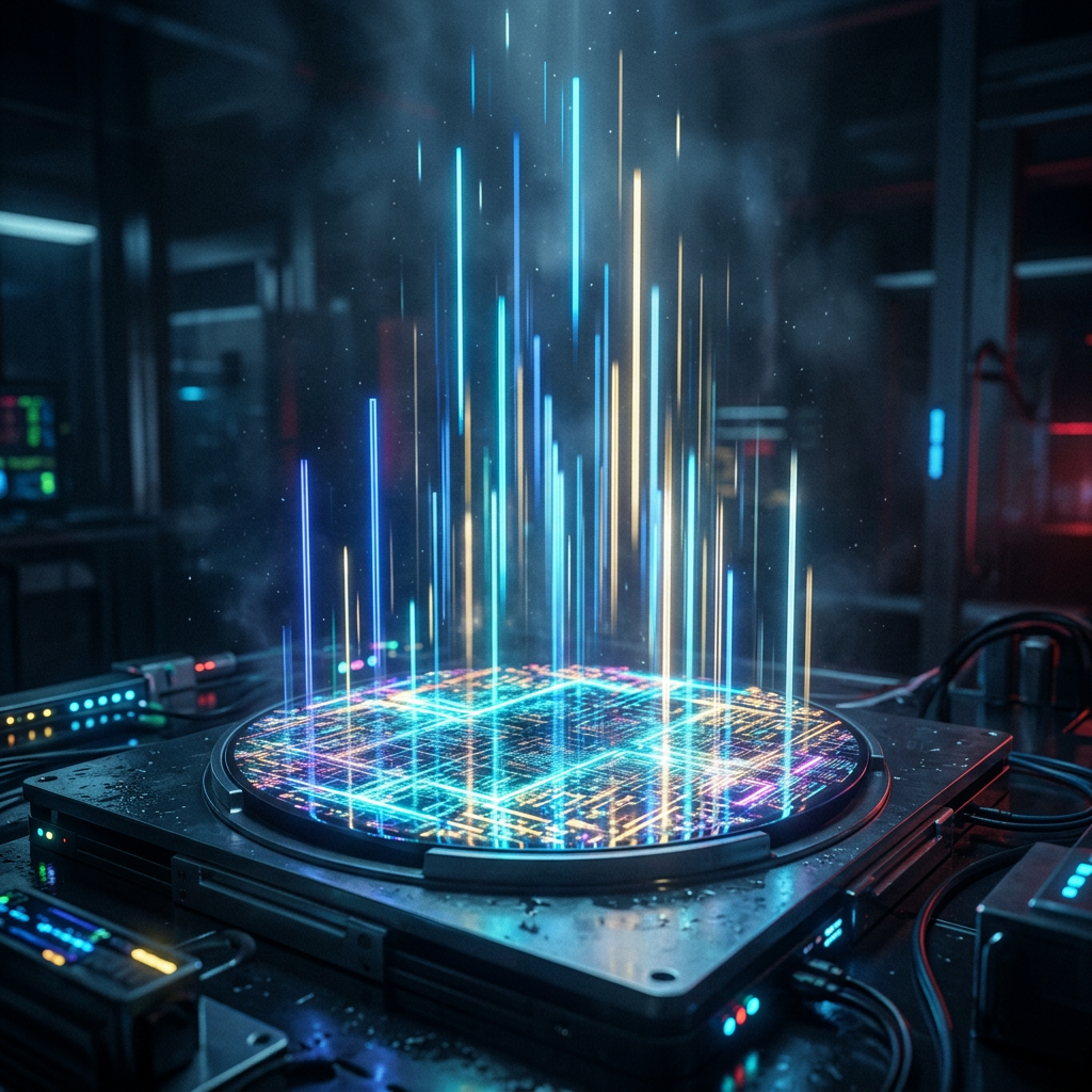 Holographic projection of colorful data streams rising from a circular electronic device