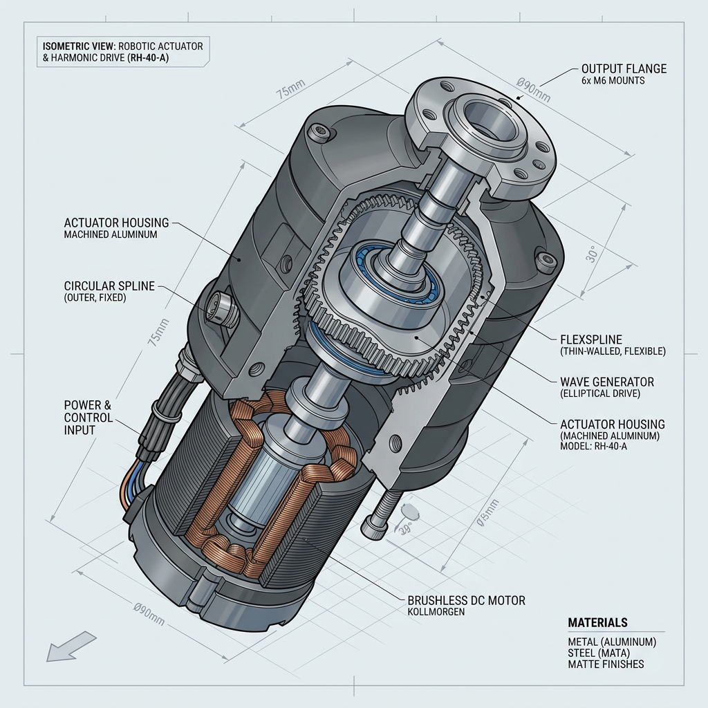 Isometric view of a robotic actuator and harmonic drive with labeled parts and measurements
