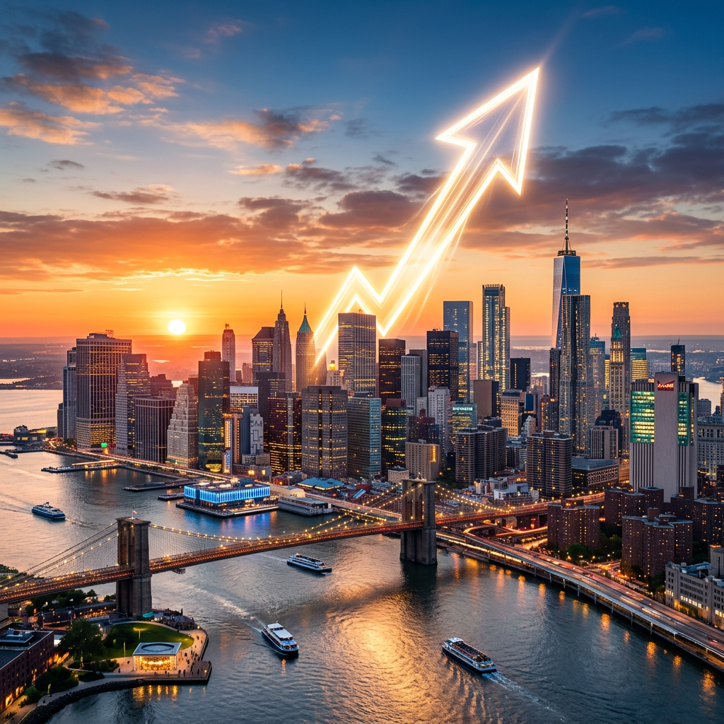 City skyline at sunset with glowing upward arrow indicating growth