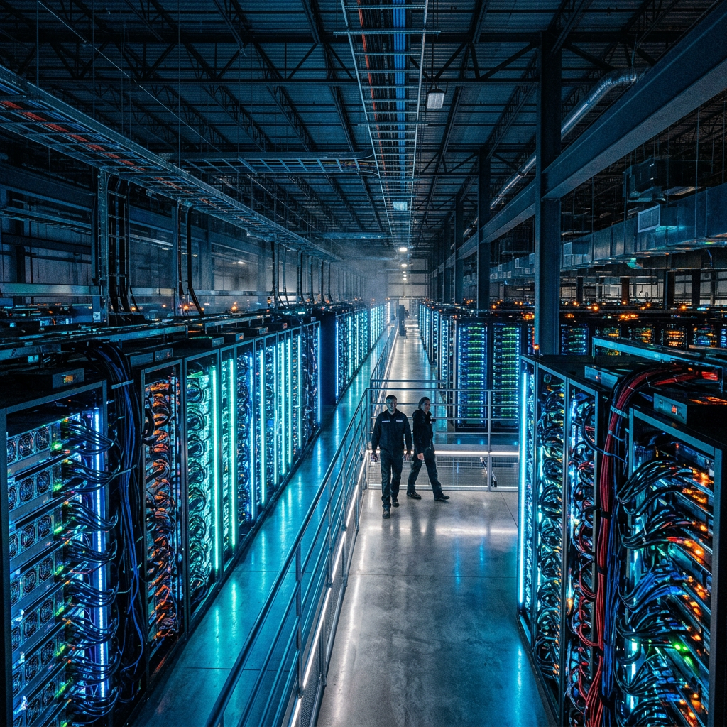 Technicians inspecting illuminated server racks in a spacious data center