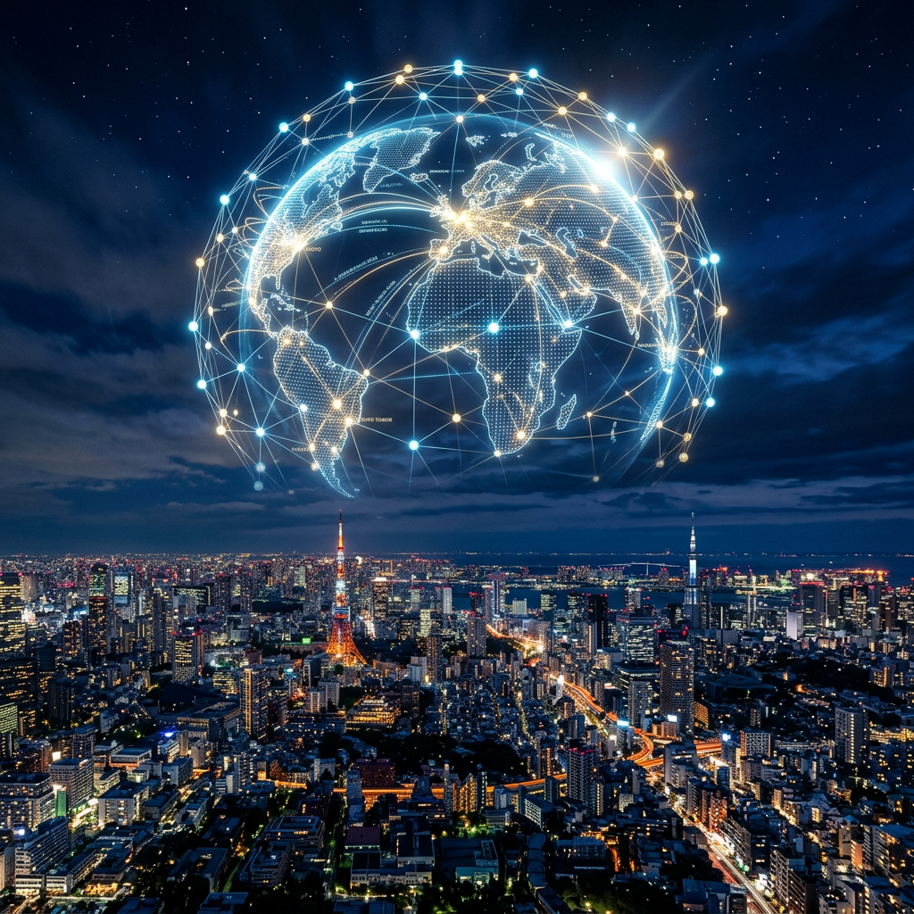 Digital globe with network connections above a city skyline at night