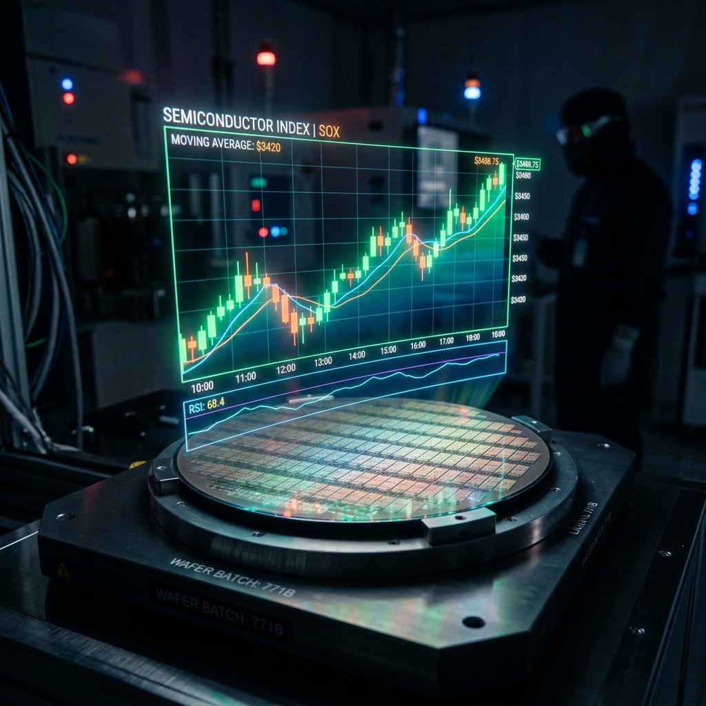 Digital stock chart of semiconductor index projected above a silicon wafer in a lab