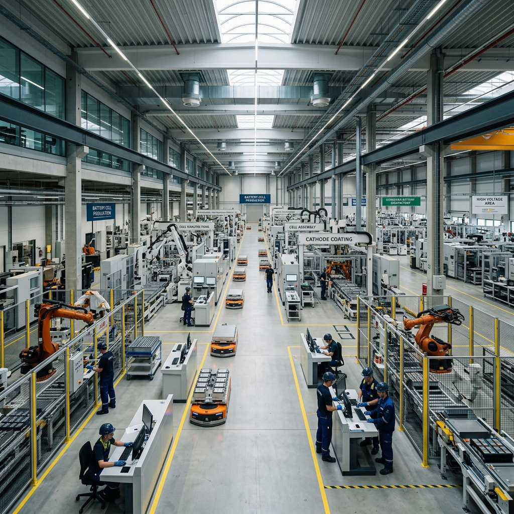 Battery cell manufacturing facility with workers and robotic arms