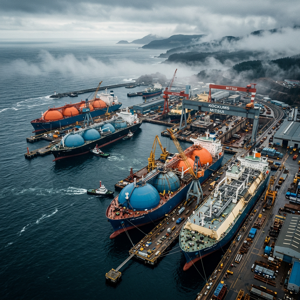 Several large liquefied natural gas tankers docked at shipyard with cranes and equipment
